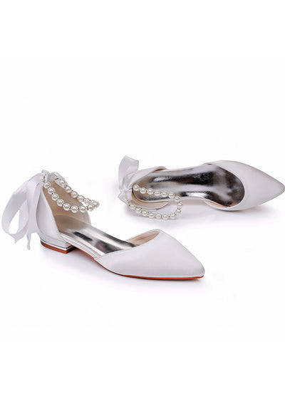 2 cm Flat-heeled Pointed White Satin Beaded Sandals