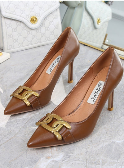 Retro Metal Buckle High-heeled Pointed Shoes