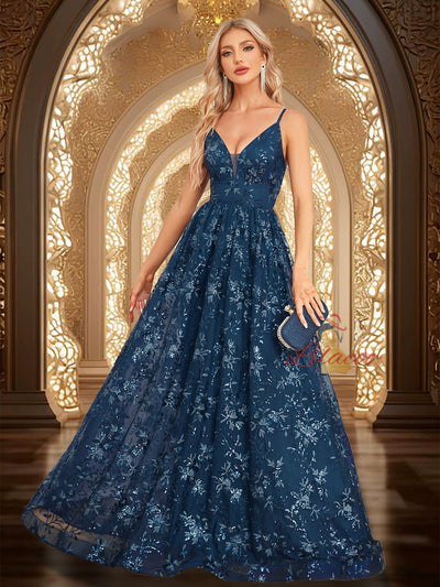 Navy Blue Sequins V-neck Prom Dress