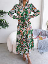 Retro Flower Lapel Lace-up Shirt Long Dress