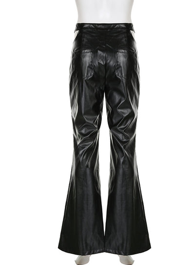 High Waist Metal Belt Pu Leather Pants