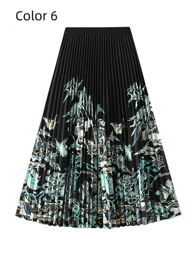 High Waist Slim Printed Pleated Skirt