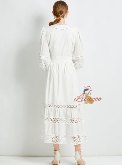 V-neck Stitching Lace Long Sleeve Dress