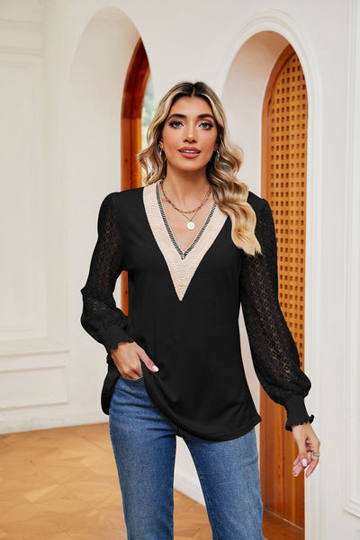 V-neck Lace Stitching Long Sleeve T-shirt