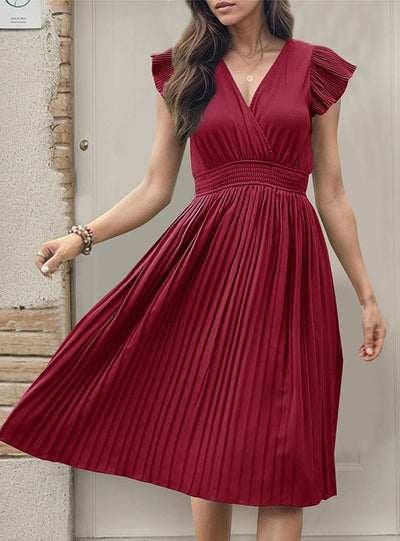 V-neck High Waist Pleated Dress