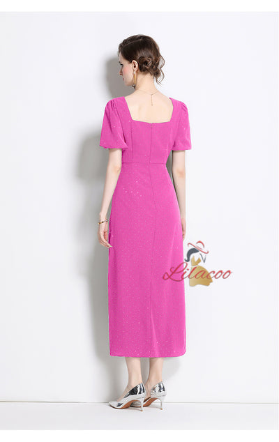 Square Collar Three-dimensional Flower Slim Short-sleeved Dress