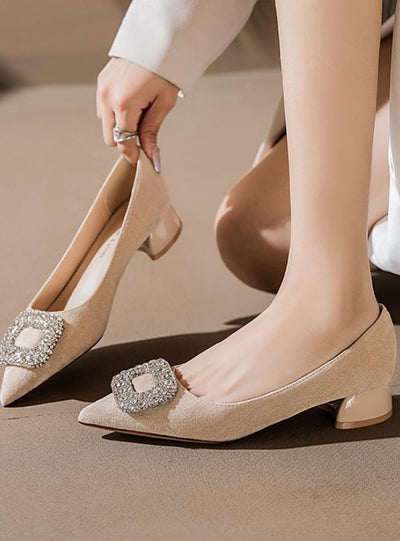 Low Heel Suede Rhinestone Pointed Shoes