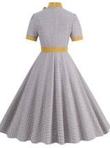 Retro Stand-up Collar Contrast Bow Plaid Dress