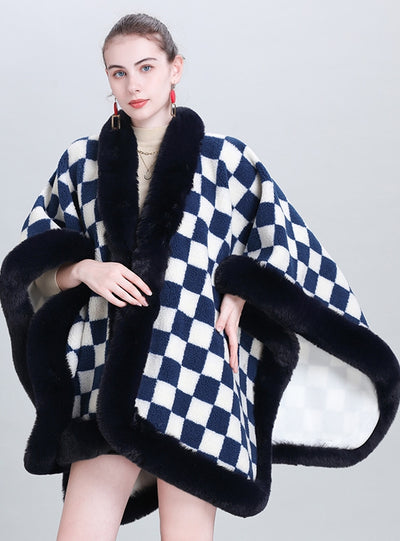 Thickened Plaid Fur Collar Cloak Shawl