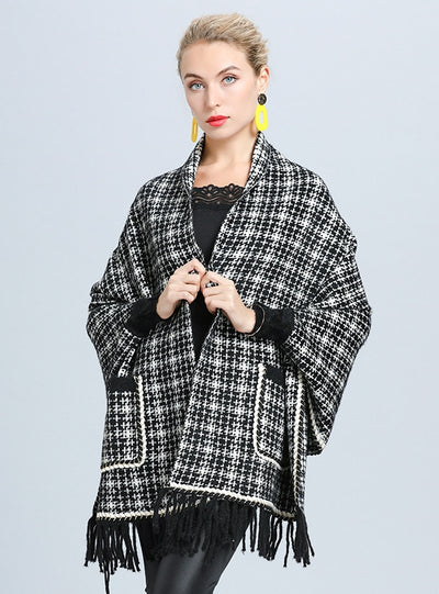 Plaid Loose Mink Bat Sleeve Fringed Shawl