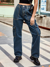 Retro Elastic Waist Denim Casual Pants