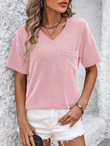 V-neck Twisted Strip Color Matching Short Sleeve T-shirt