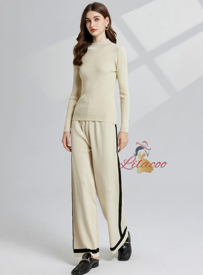 Loose Contrast Shawl+Coat+Wide-leg Pants Suit