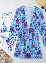 Flower Print Blouses Beach Swimsuit Three-piece Suit