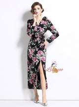 Three-dimensional Flower Split Slim Print Dress