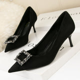 Suede Pointed Diamond Square Buckle Shoes