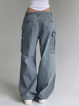 Pleated Low Waist Pocket Straight Jeans