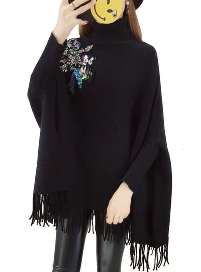 Sequins High Collar Fringed Bat Shirt Cloak Coat