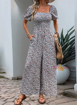 Square Collar Puff Sleeve Floral Jumpsuit