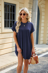 Solid Color Round Neck Pocket Dress