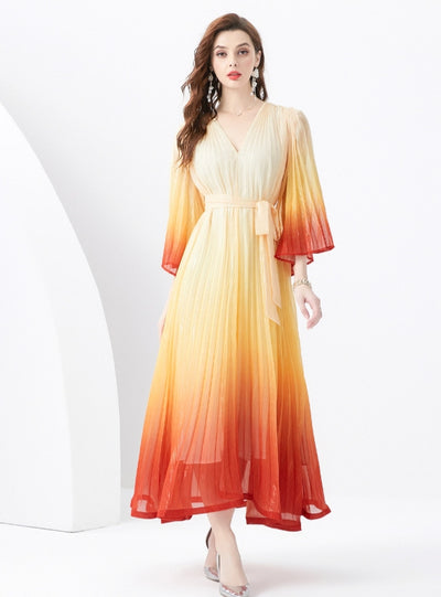 V-neck Flared Sleeve Long Gradient Print Dress