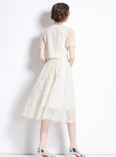 Short Sleeve Lace Shirt+Skirt Two-piece Suit