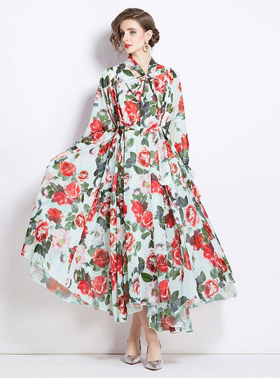 Retro Chiffon Printed Long Sleeve Slim Dress