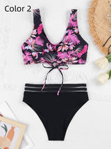 Printed Multi-color Split Sports Backless Swimsuit