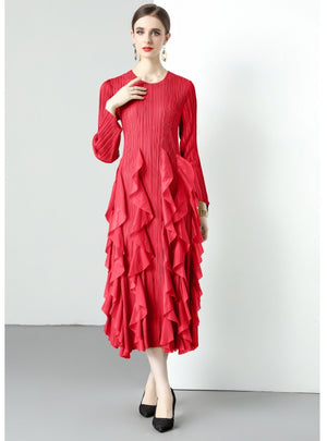 Women Long-sleeved Pleats Slim Dress