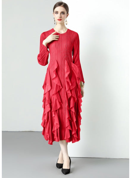 Women Long-sleeved Pleats Slim Dress