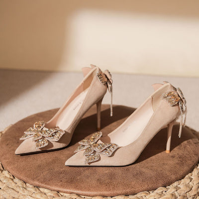 Diamond Bow Tassel Suede Heel Wedding Shoes