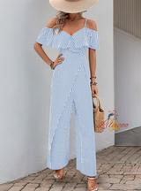 Leisure Suspender Striped Wide-leg Jumpsuit