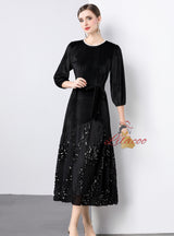 Lace Sequins Stitching Velvet Dress