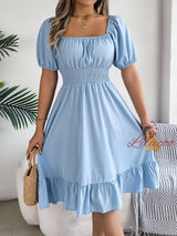 Casual Square Collar Short Sleeve Ruffled Dress