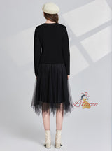 Hollow Bow Shiny Coat+Gauze Skirt Two-piece Set