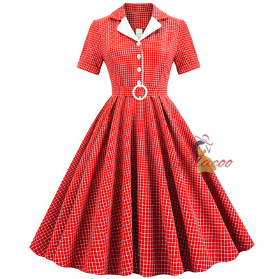 Women Long Retro Contrast Plaid Dress