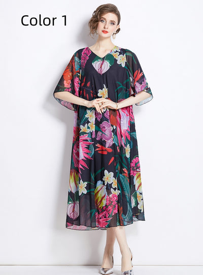 Retro Printed V-neck Five-point Sleeve Loose Dress