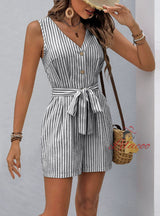 V-neck Sleeveless Striped Jumpsuit