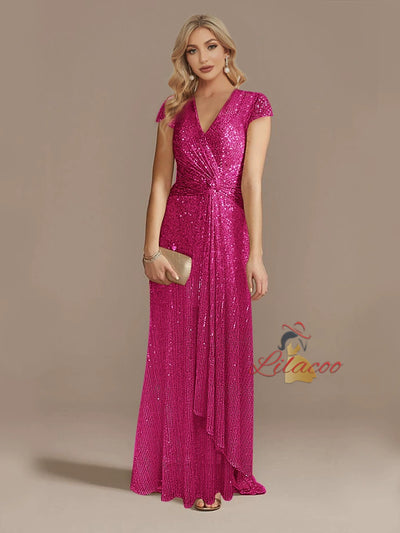 Sexy V-neck Sequins Cap Sleeve Prom Dress