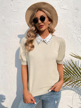 Pullover Short Sleeve Solid Color Lapel Sweater