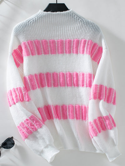 Striped Pullover Loose Semi-turtle Neck Sweater