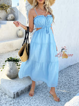 Solid Color Bohemian High Waist Stitching Sling Dress