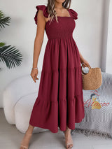 Solid Color Square Neck Silm Waist Dress