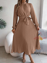 High Neck Long Sleeve Pleated Dress