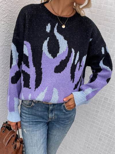 Medium and Long Round Neck Printed Loose Sweater