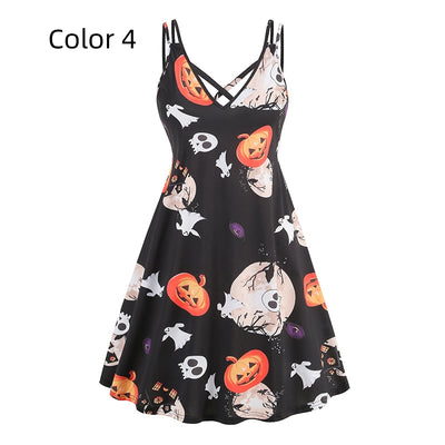 V-neck Suspender Halloween Printed Dress