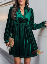 Long Sleeve V-neck Velvet Dress