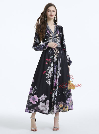 Holiday Style V-neck Printed Long Sleeve Dress