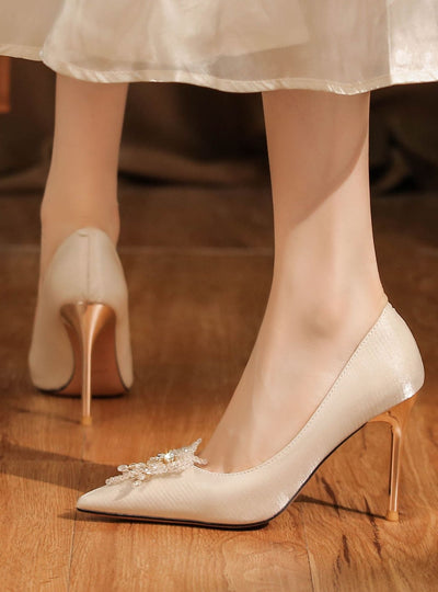 Satin Rhinestone White High Heels Shoes