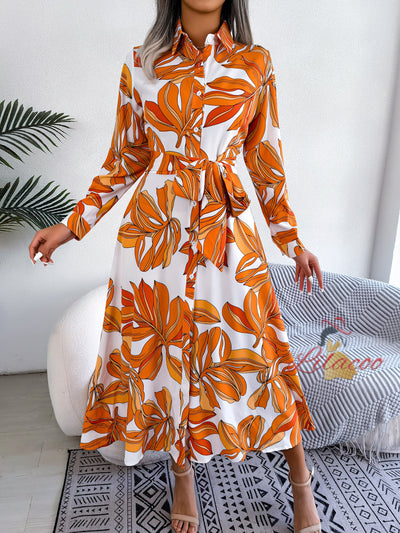 Flower Lapel Lace-up Shirt Long Dress